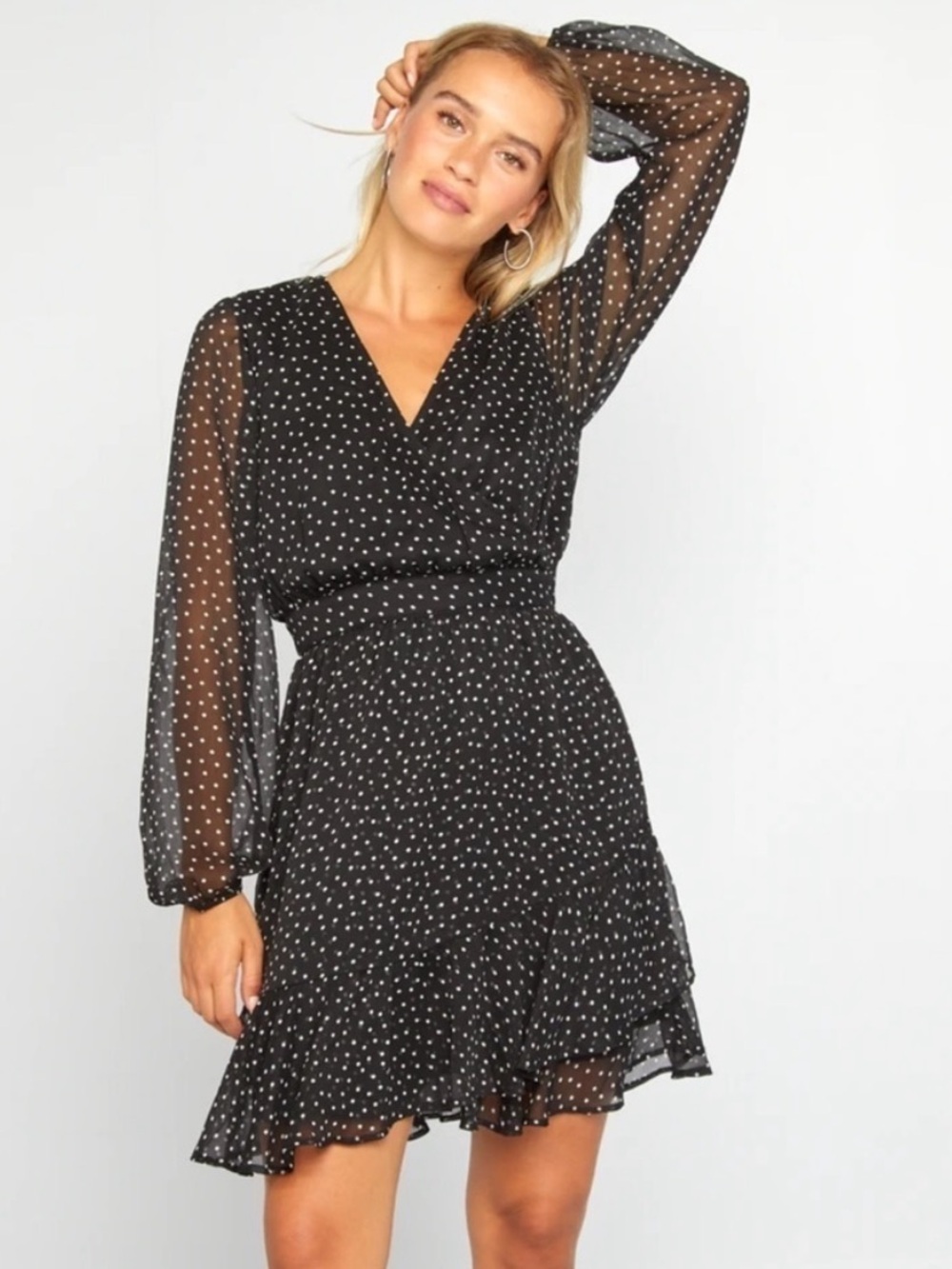 Zara Black Polka Dot Mini Dress Sheer Sleeve V Neck Long Sleeve Women’s XS NWT